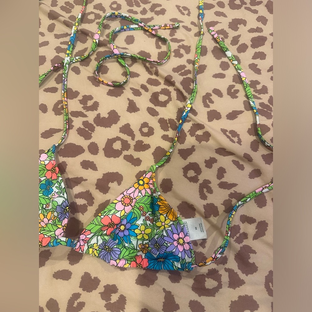 neon trippy Floral Triangle Bikini Top with extra long wrap bottom strap - Picture 5 of 12